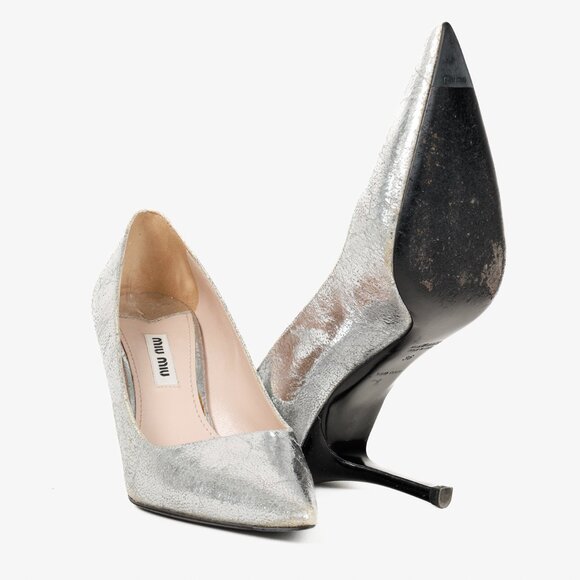 Miu Miu Silver Specchio Crackle Foil Metallic Heels - Picture 4 of 9